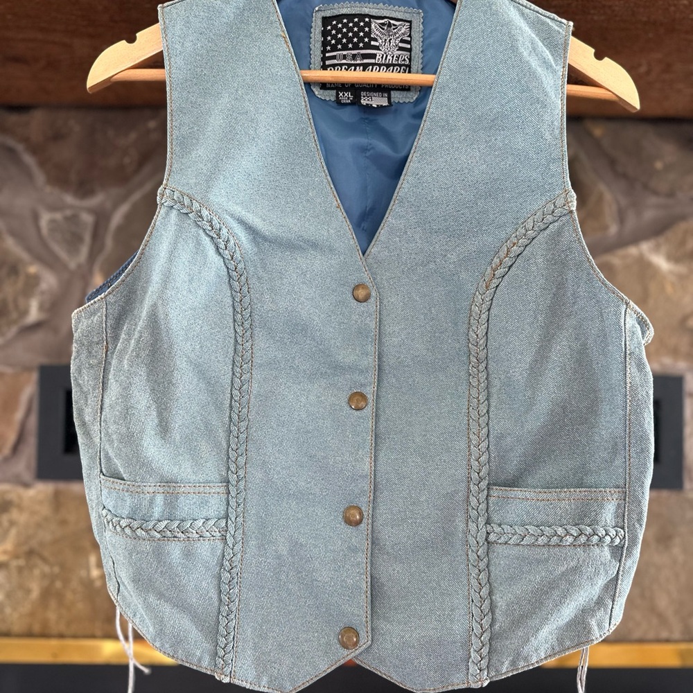 USA Bikers Denim Vest Men’s XXL Braided Trim Snap Front Motorcycle